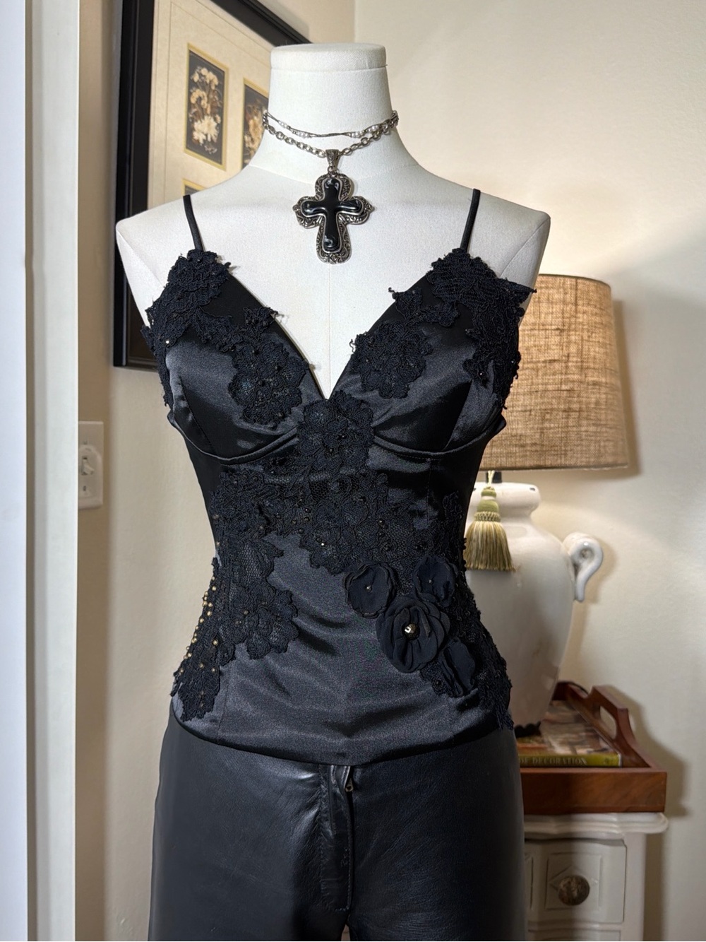 Y2K Celo Jeans Black Beaded Lace Satin Corset Camisole Top
